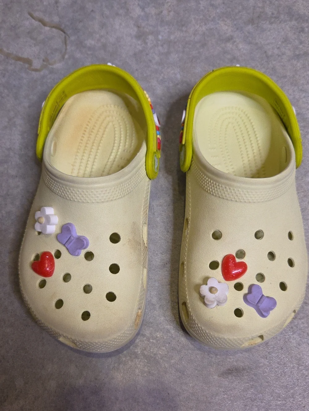 CROCS Lime Kids Clogs with Yellow Straps and Colorful Charms